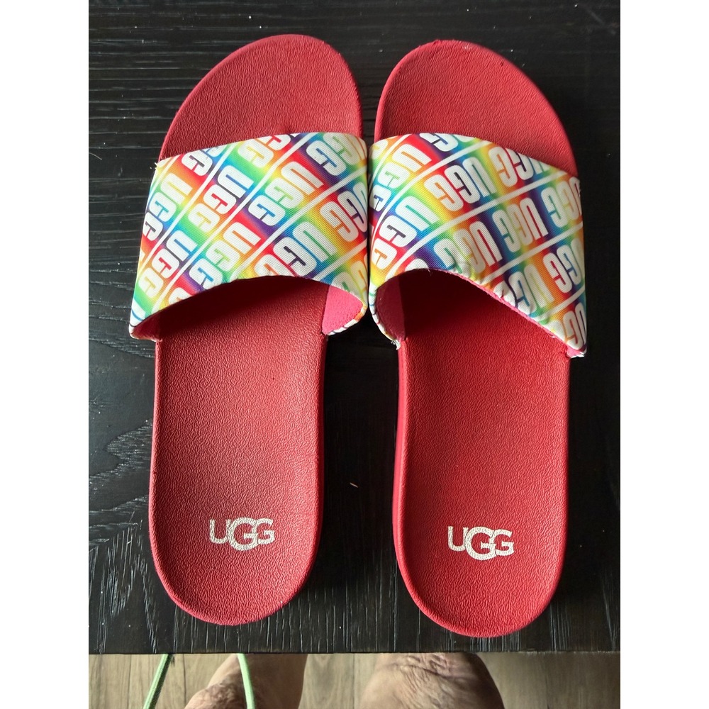 UGG Pride Slide Red Rainbow Logo Sandals 1107981K Womens 7 Kids 6